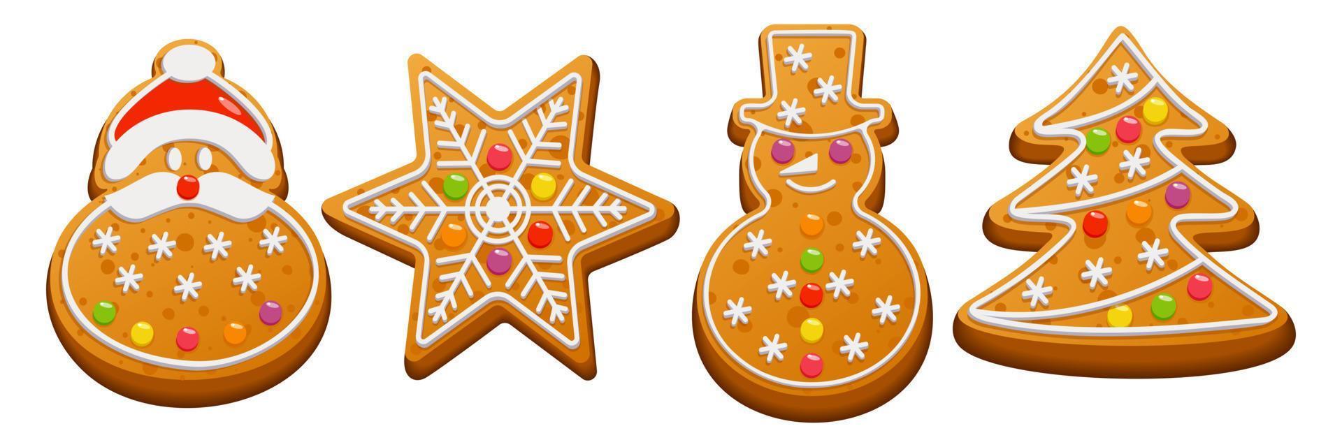 Christmas gingerbread set. Sweet homemade winter cookies. Gingerbread cookies with sugar icing and marmalade on a white background. Vector illustration.
