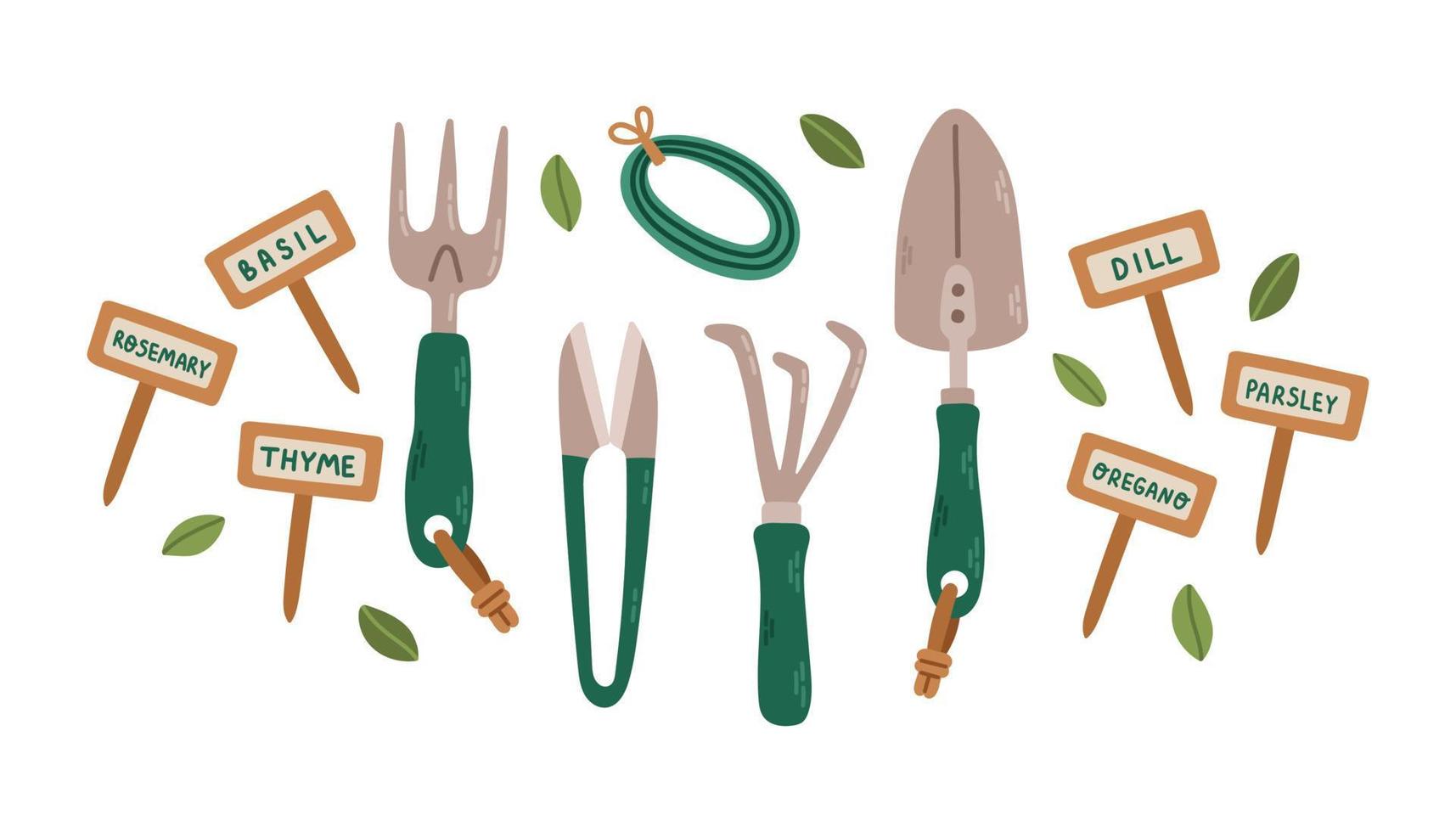 Set of gardening tools isolated on white. Bundle of equipment for home plants. Flat cartoon vector illustration.