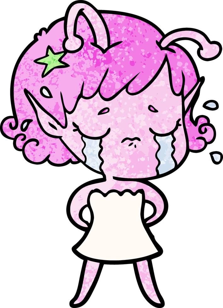 Retro grunge texture cartoon alien girl crying vector