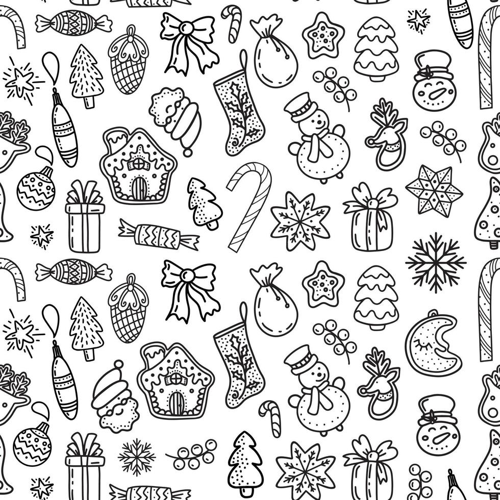 seamless pattern of linear Xmas icons on white background vector