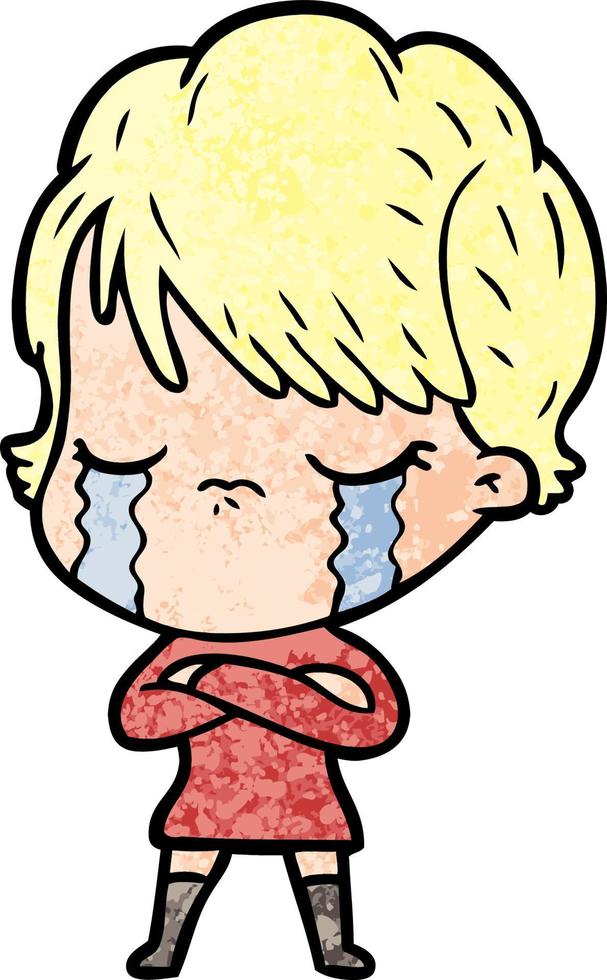 Retro grunge texture cartoon girl crying vector