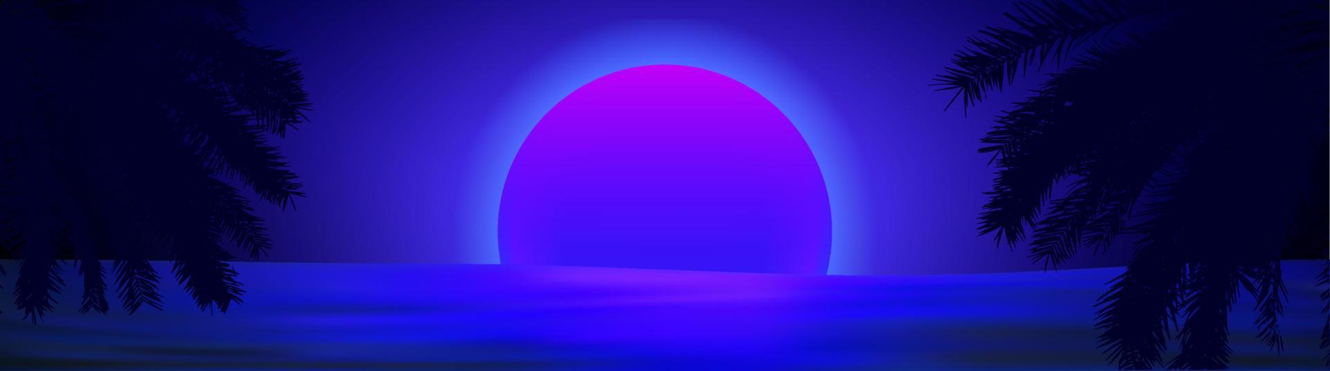 puesta de sol 3d en la playa. palmeras retro vector fondo de ciencia ficción con océano. reflejo del sol en el agua. paisaje futurista estilo años 80. superficie cibernética del paisaje digital. Fondo de fiesta de los 80.