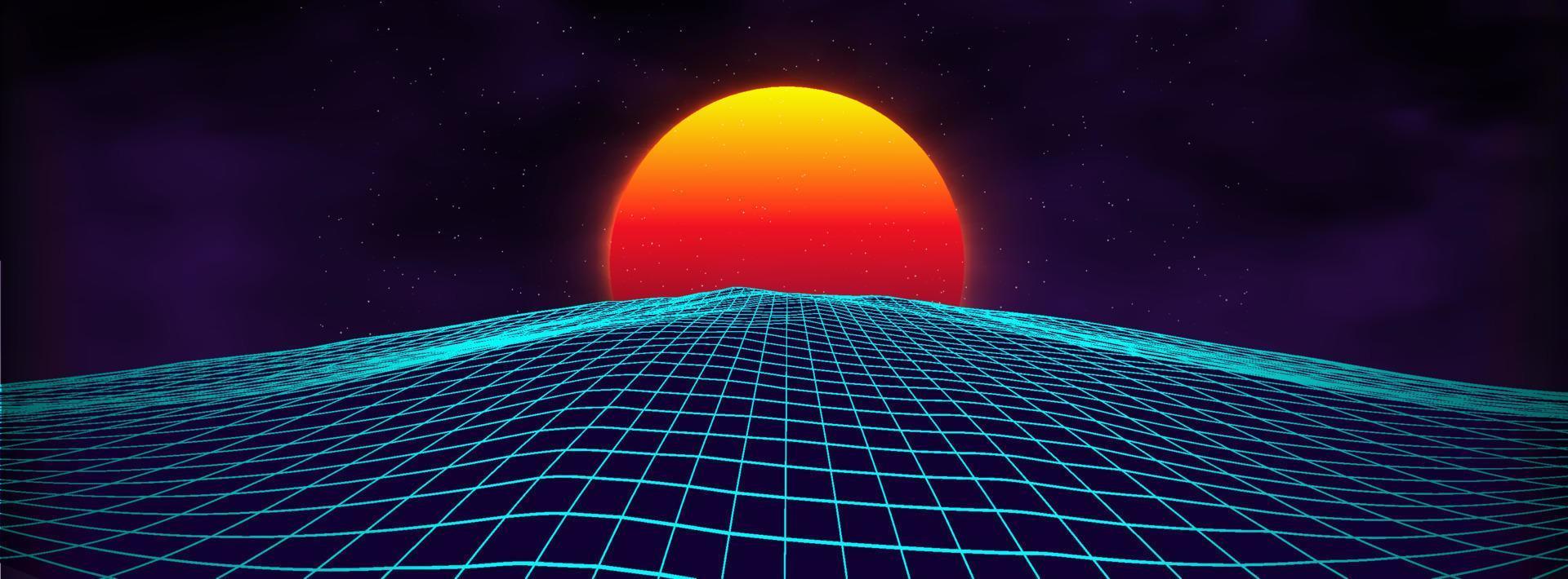 Paisaje retro de fondo de los años 80. estilo futurista de neón de los años 80. superficie cibernética. fondo de fiesta Fondo de paisaje de verano de ciencia ficción de moda retro de los años 80. vector