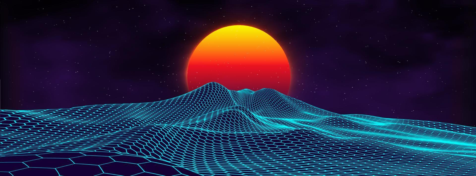 80s background retro landscape. Futuristic neon 1980s style. Cyber surface. Party background. Retro 80s fashion Sci-Fi Summer Landscape Background. vector