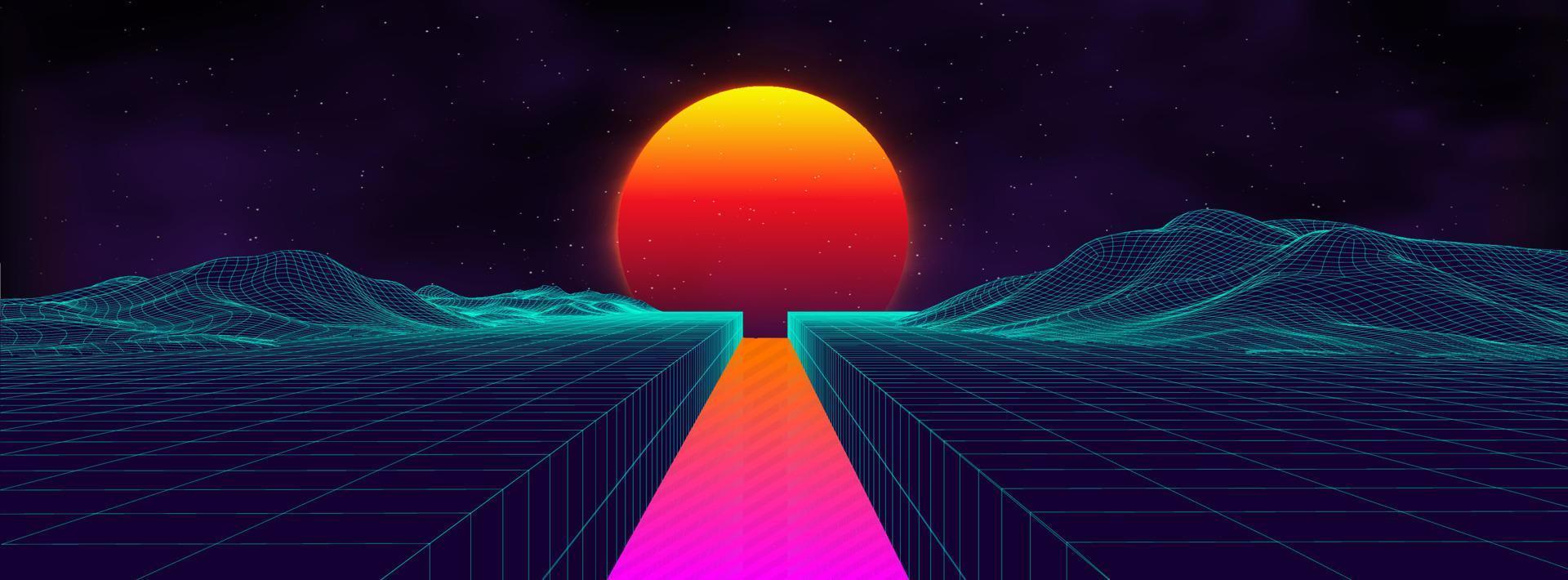 Paisaje retro de fondo de los años 80. estilo futurista de neón de los años 80. superficie cibernética. fondo de fiesta Fondo de paisaje de verano de ciencia ficción de moda retro de los años 80. vector