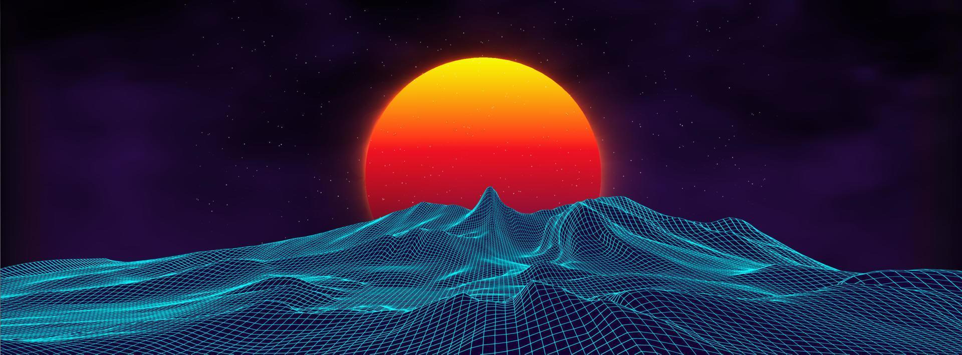 Paisaje retro de fondo de los años 80. estilo futurista de neón de los años 80. superficie cibernética. fondo de fiesta Fondo de paisaje de verano de ciencia ficción de moda retro de los años 80. vector