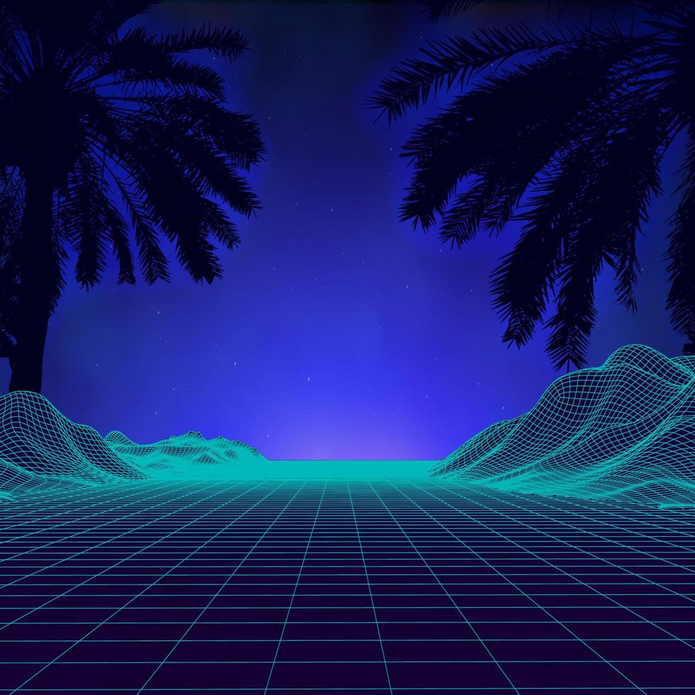 puesta de sol 3d en la playa. Fondo de ciencia ficción vectorial de palmeras retro. superficie cibernética del paisaje digital. Fondo de fiesta de los 80. vector