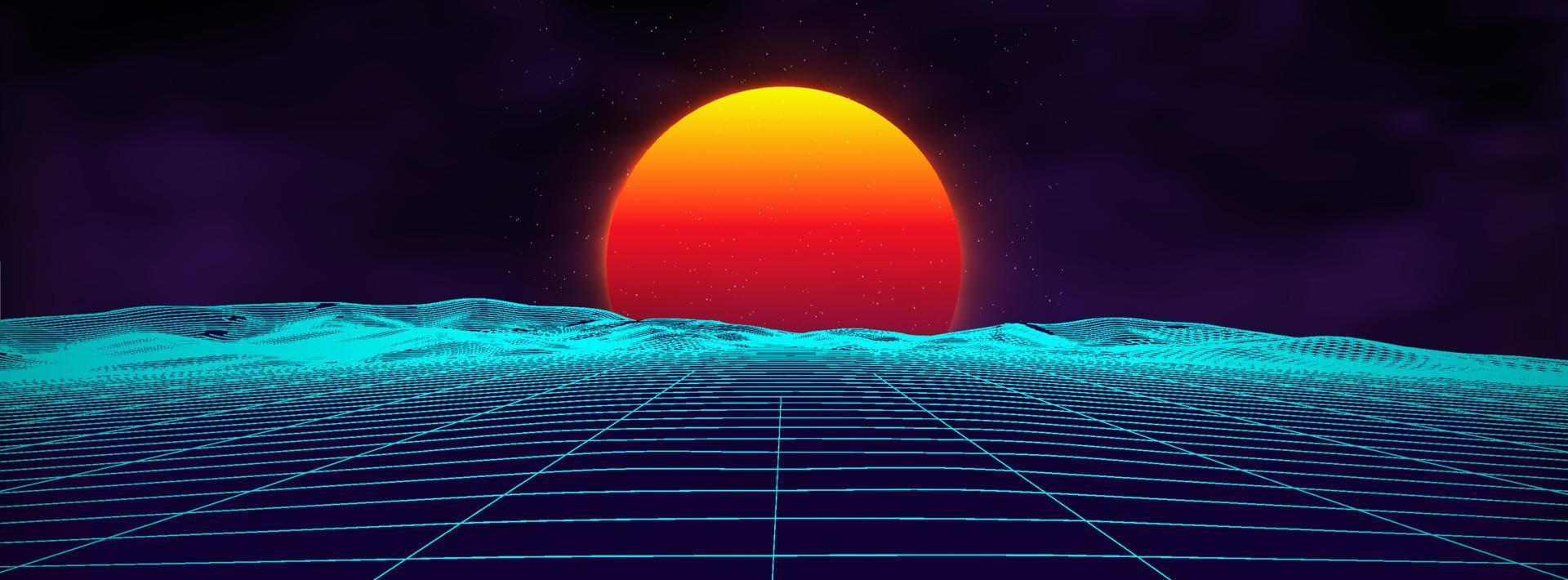 Paisaje retro de fondo de los años 80. estilo futurista de neón de los años 80. superficie cibernética. fondo de fiesta Fondo de paisaje de verano de ciencia ficción de moda retro de los años 80. vector