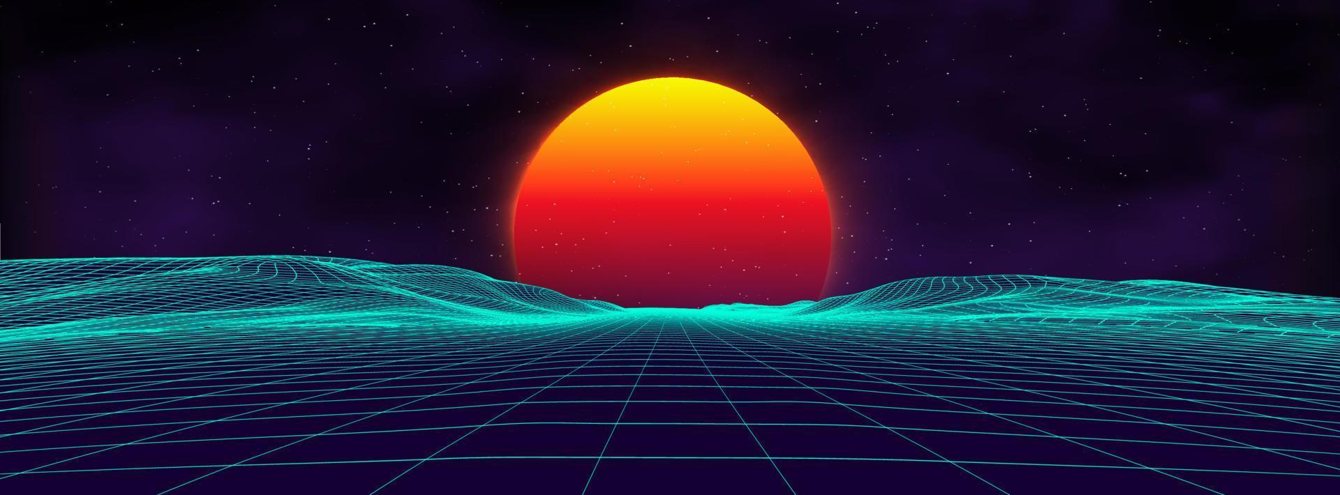 Paisaje retro de fondo de los años 80. estilo futurista de neón de los años 80. superficie cibernética. fondo de fiesta Fondo de paisaje de verano de ciencia ficción de moda retro de los años 80. vector