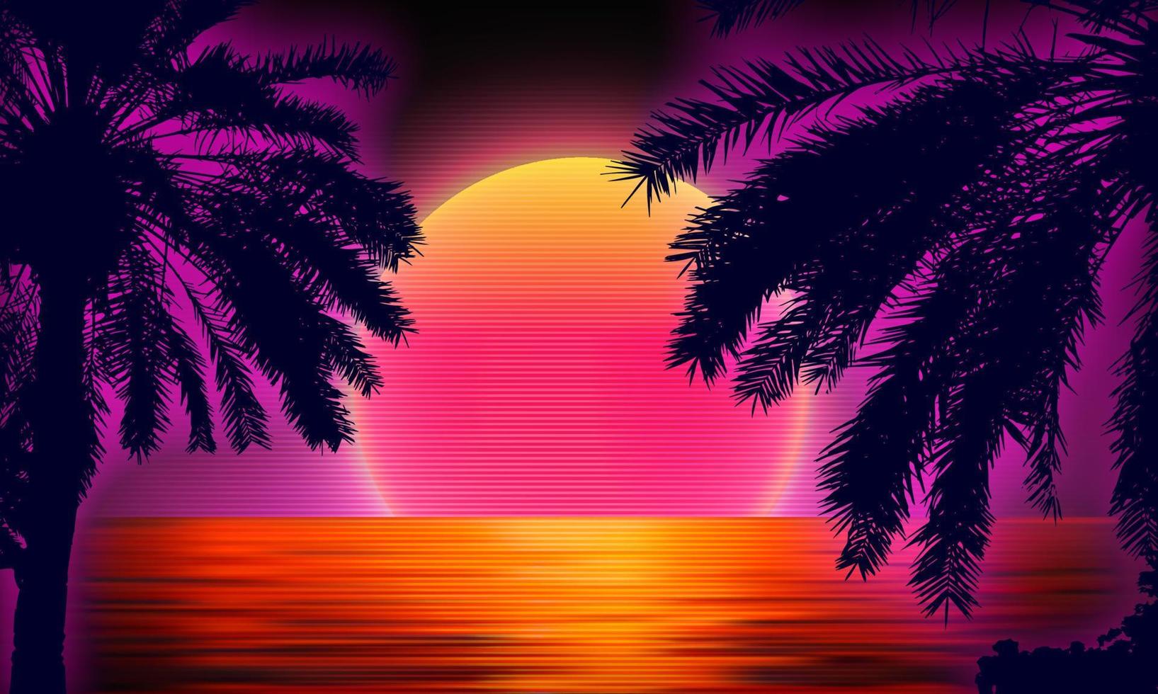 puesta de sol 3d en la playa. palmeras retro vector fondo de ciencia ficción con océano. reflejo del sol en el agua. paisaje futurista estilo años 80. superficie cibernética del paisaje digital. Fondo de fiesta de los 80.