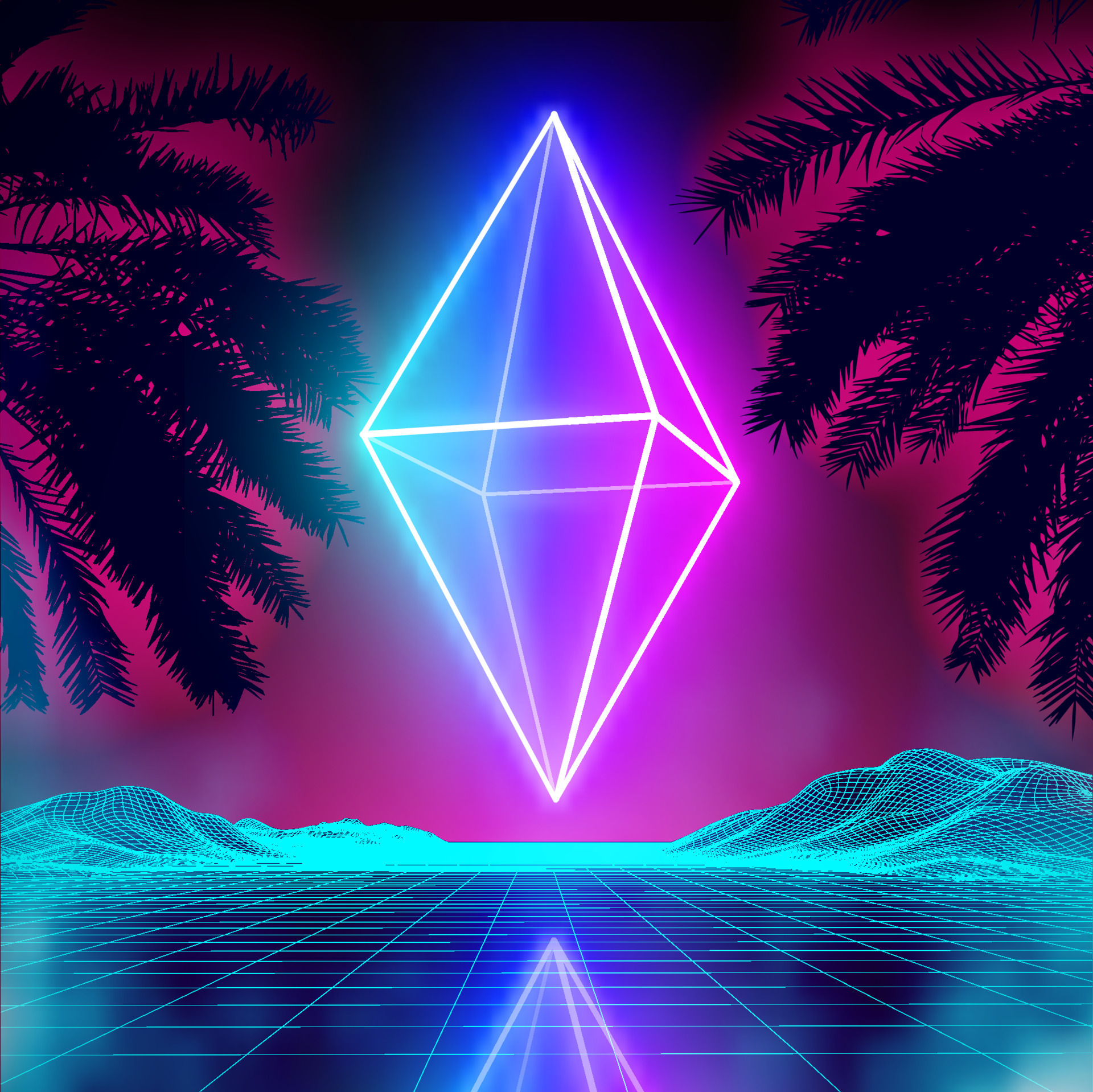 Neon rhombus on retro background landscape. Glowing rhombus cosmos