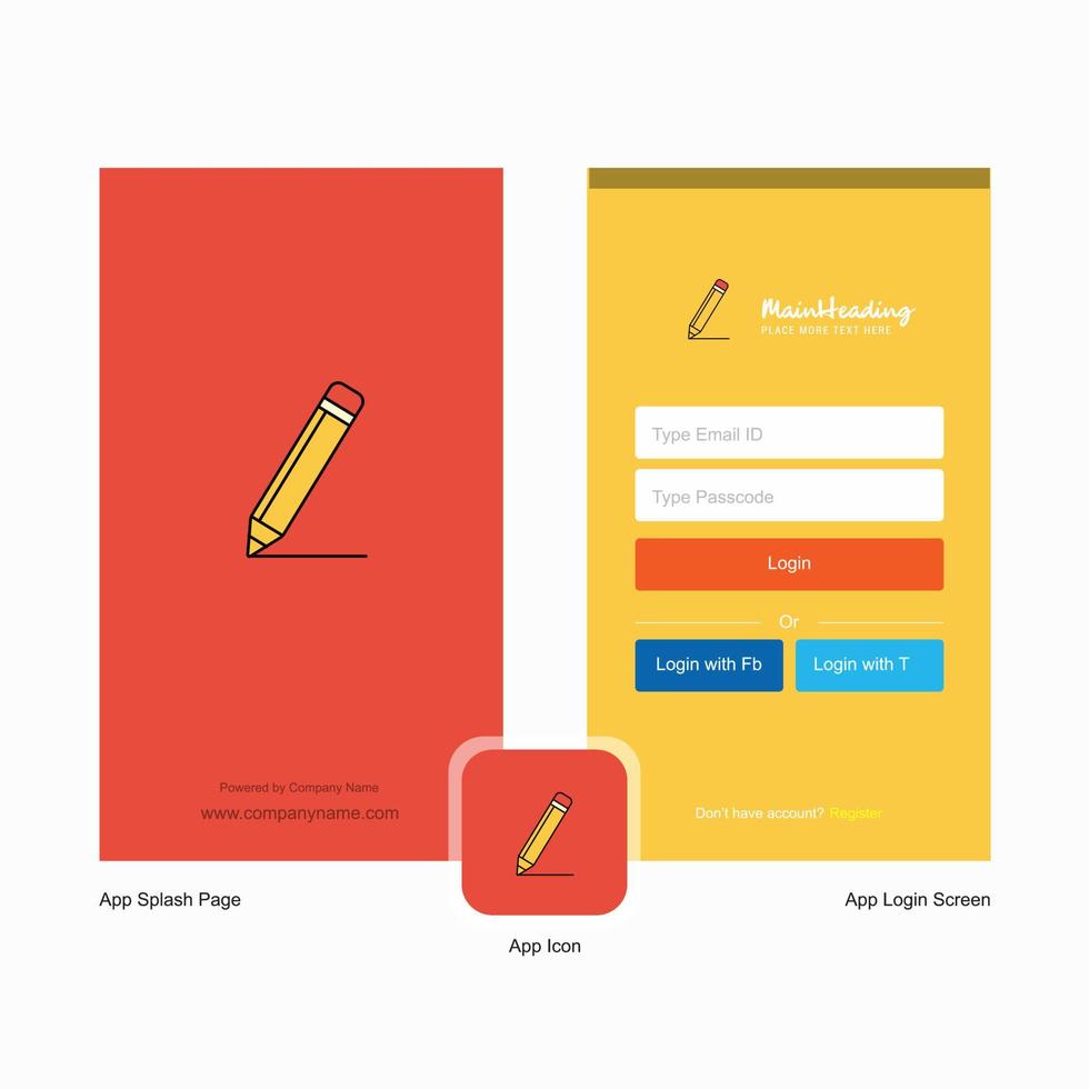 Company Pencil Splash Screen and Login Page design with Logo template Mobile Online Business Template vector