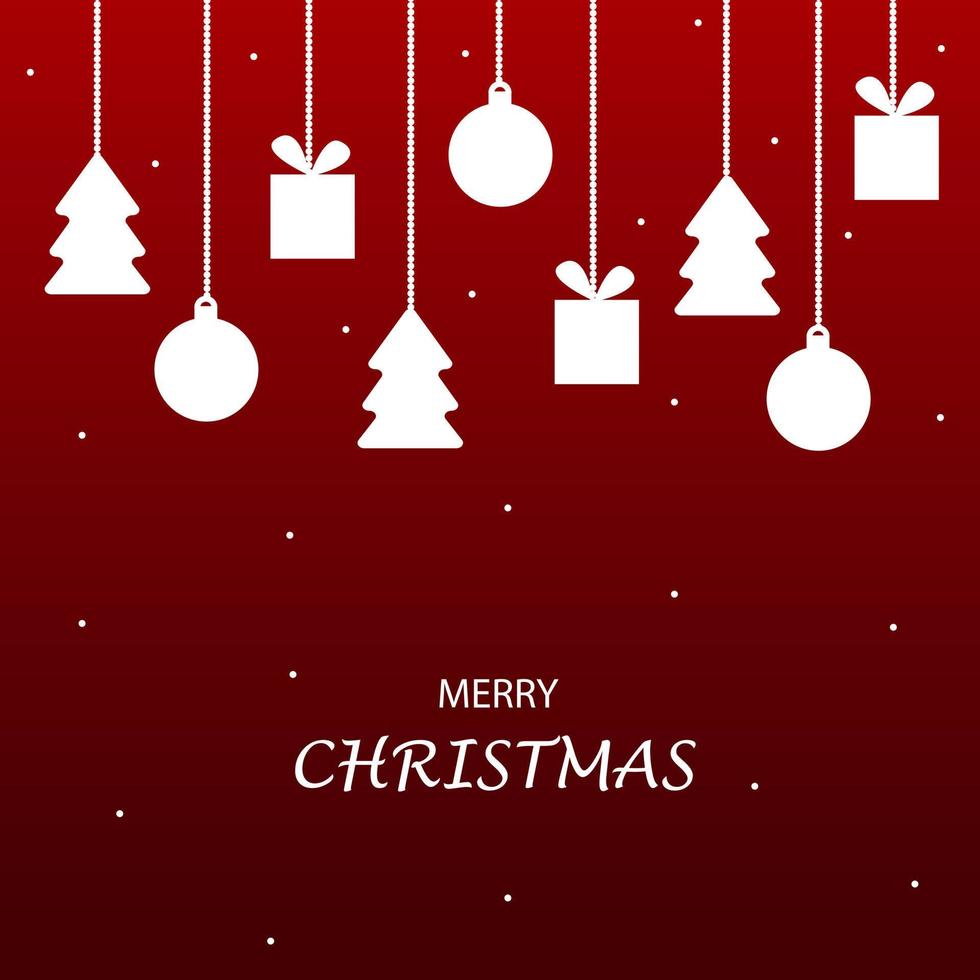 Hanging Christmas ornaments such as gift, ball, and tree in white color. Merry Christmas text isolated on red background.Vector illustration vector