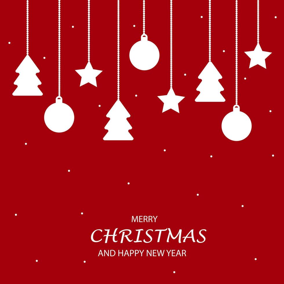 tarjeta de felicitación navideña roja con varios adornos navideños colgantes. ilustración vectorial vector