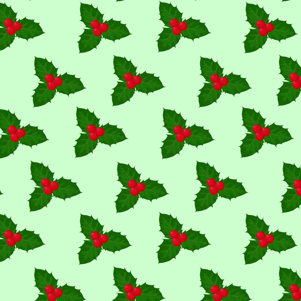 patrón de acebo navideño sin costuras sobre fondo verde. patrón vectorial de acebo para diseños festivos, textiles, embalaje, protectores de pantalla. ilustración vectorial en estilo plano vector