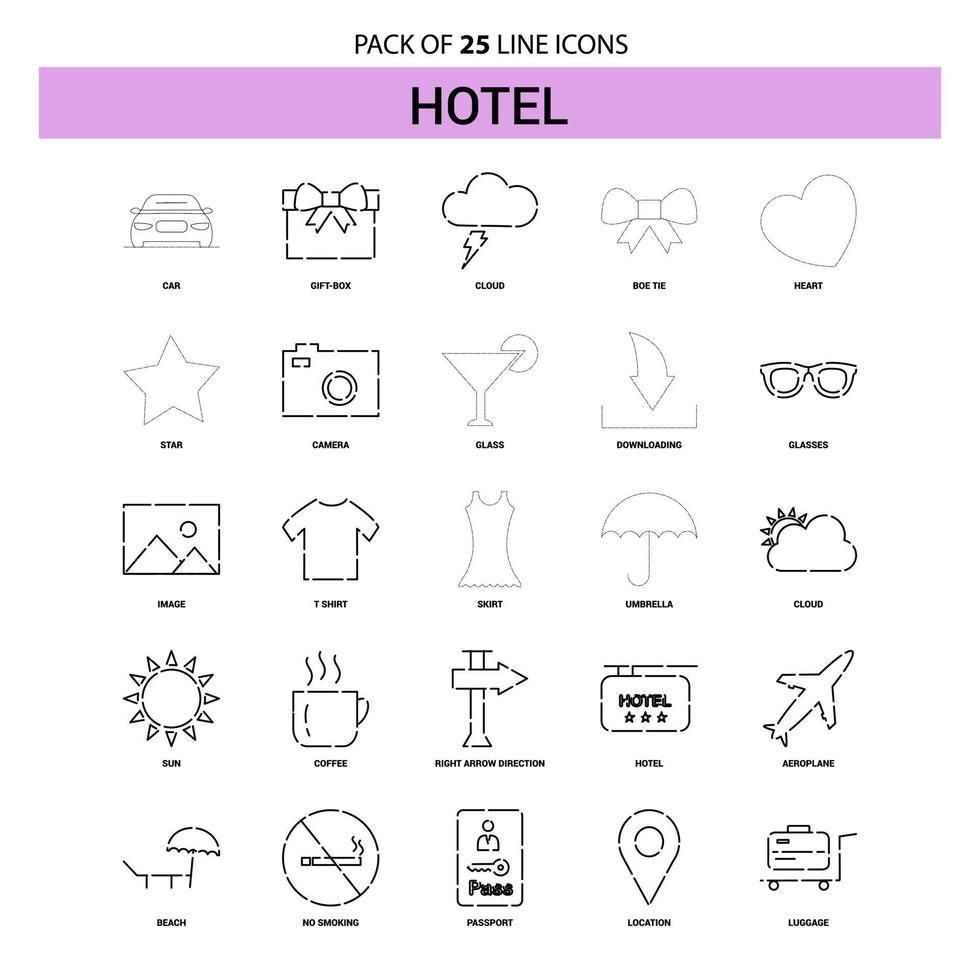conjunto de iconos de línea de hotel 25 estilo de contorno discontinuo vector
