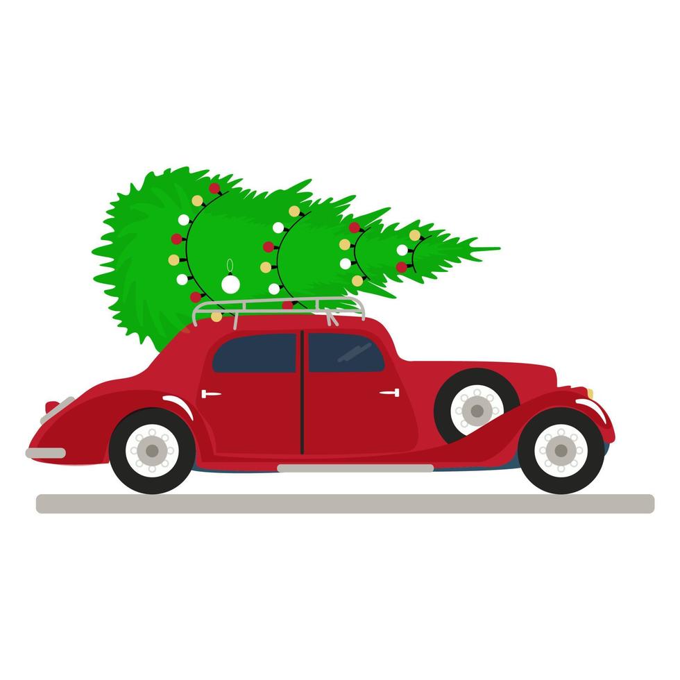 Merry Christmas stylized typography. Red Vintage car with christmas tree.  Bright fireworks on the background. Inspiration Merry xmas Vector flat style banner.