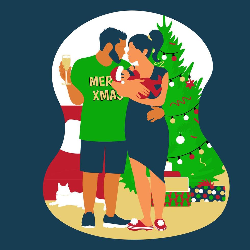 Happy young family celebrate christmas holidays. New year and merry christmas party at home. Husband and wife together with baby. Green tree background. Isolated on dark. vector