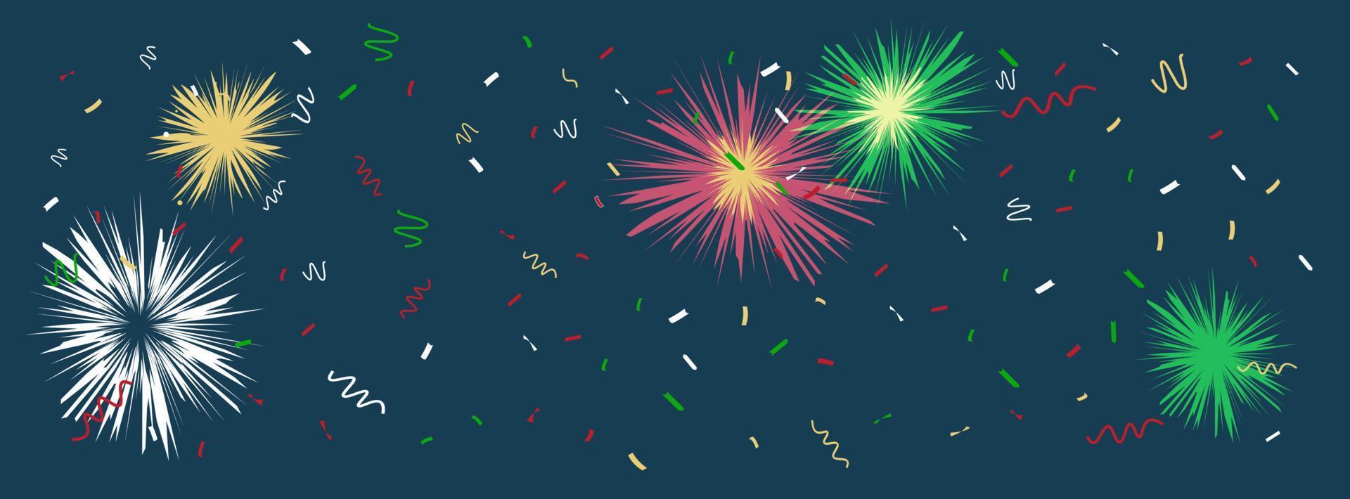 en el cielo se sirven brillantes fuegos artificiales y destellos de confeti. fondo de saludo festivo, plantilla, banner. luces de carnaval, cielo nocturno. vector