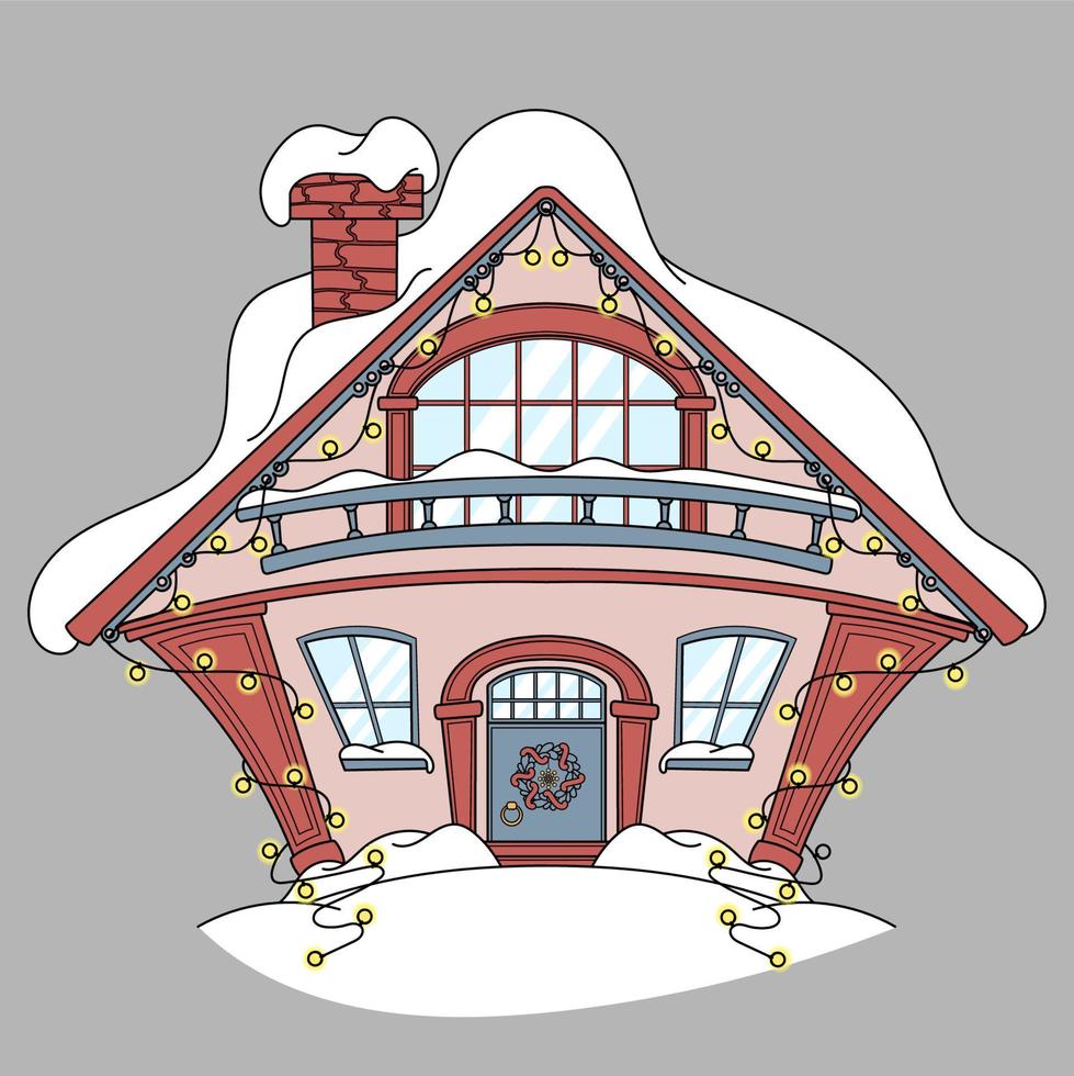 Cartoon cozy winter house with snow. Isolated on grey background. vector