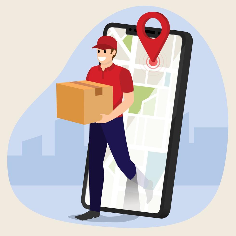 courier delivery man holding parcel box with mobile phone fast online delivery service online ordering internet e-commerce ideas for websites or banners 3D perspective vector illustration
