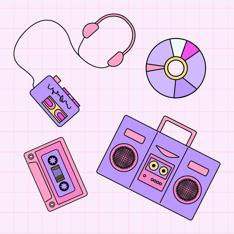 conjunto de música de los 90 en estilo pop art. reproductor de música de ilustración vectorial, auriculares, casete de audio, disco cd, micrófono, boombox para pegatinas, logotipos, impresiones, parches y medios sociales vector