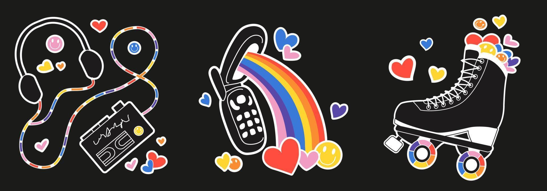 Set Cute girly roller skate sticker, flip phone and music player with rainbow in retrowave aesthetic. Girly y2k sticker, 90s and 2000s style vector