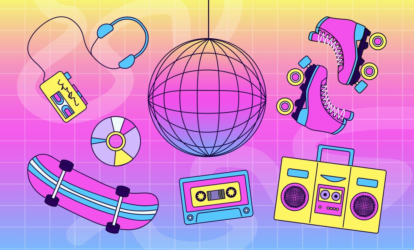 A colorful set of 90's and Y2k style fun items. A trendy collection of girly patches. Quirky, hipster retrowave pack vector