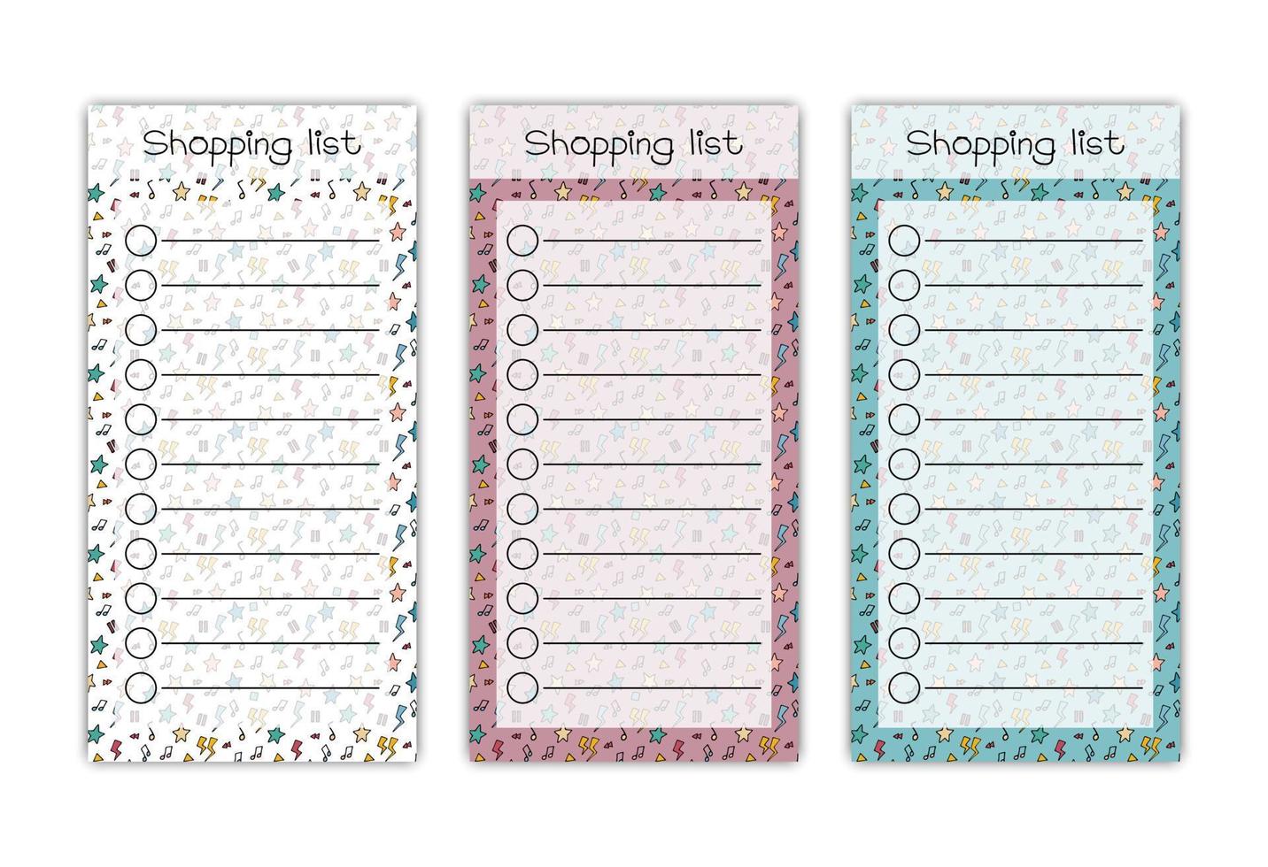 página de la lista de compras. conjunto vectorial de coloridos organizadores imprimibles para el cliente. planificador personal en blanco de compras. diseño divertido del garabato vector