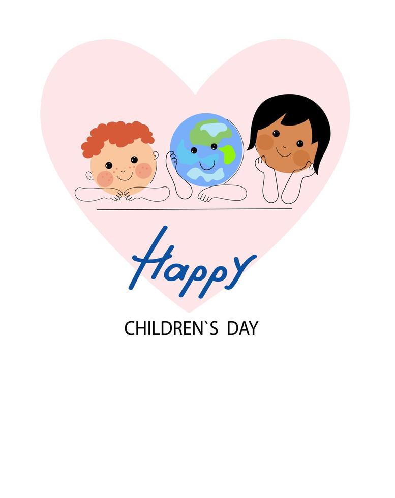 Social media horizontal banner template for World children's day. Funny planet character with happy baby boy , asian baby girl. Vector flat cartoon doodle banner.