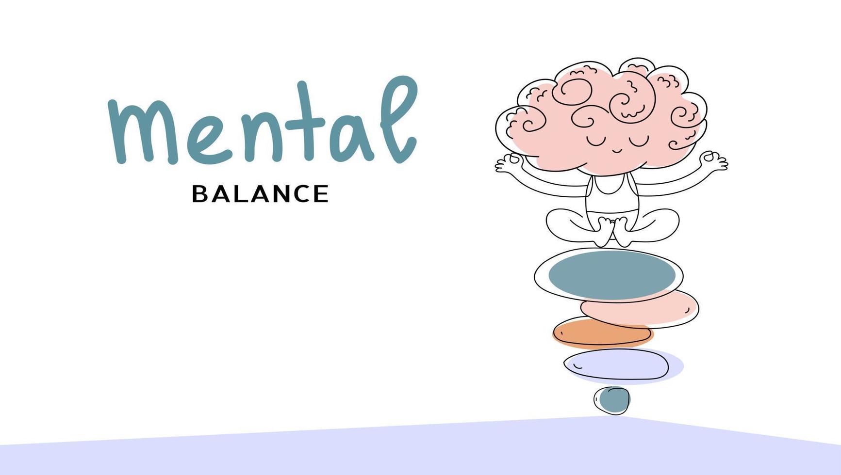 Cute funny brain character meditate sitting on stack of zen rock pyramid. Equality, Mental stability concept. Vector doodle illustration.