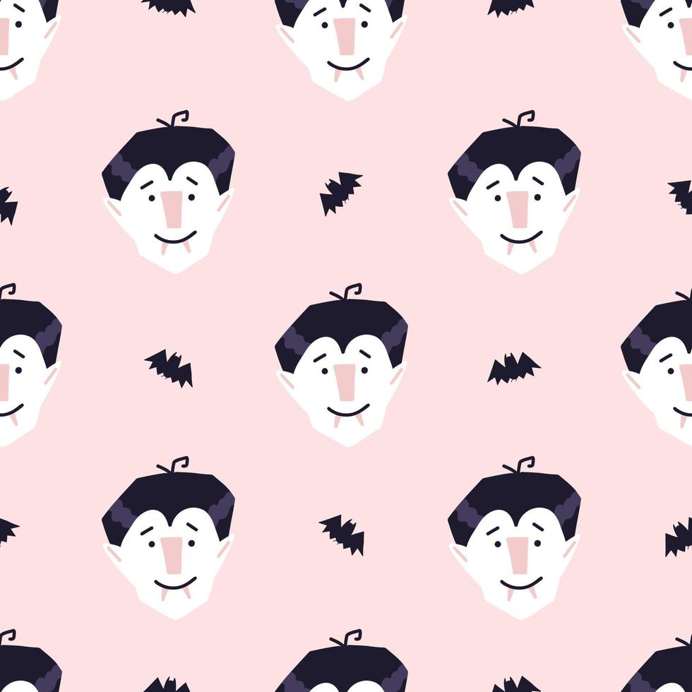 Vampire Halloween seamless pattern, cartoon vector illustration. Cheerful smiling vampire head with fangs and bat on pink background. Childish pattern, great for wrapping paper.
