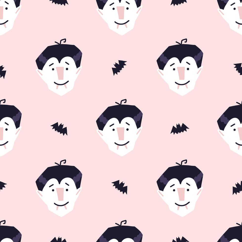 Vampire Halloween seamless pattern, cartoon vector illustration. Cheerful smiling vampire head with fangs and bat on pink background. Childish pattern, great for wrapping paper.