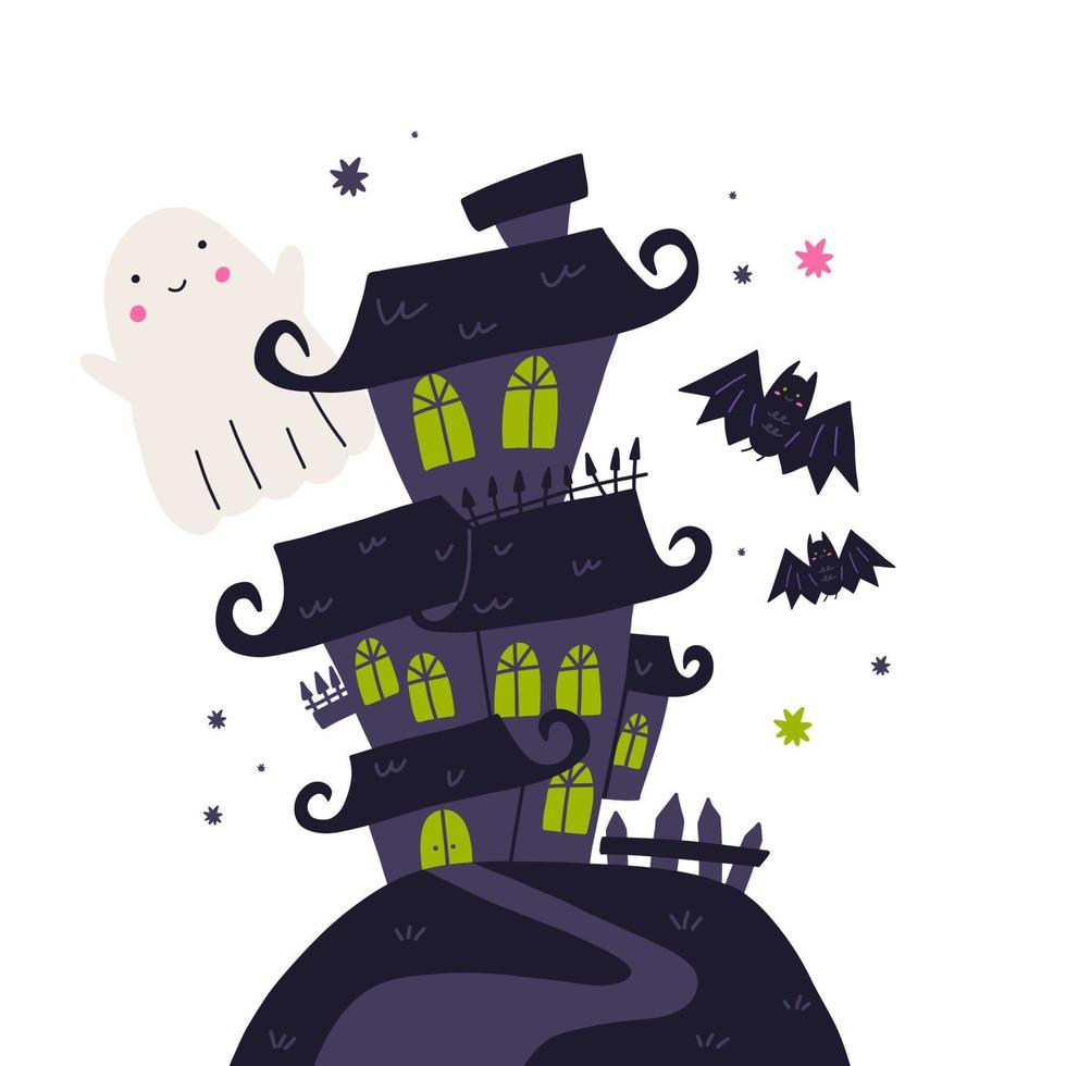 Haunted house on hill with flying cute ghost and bats, cartoon flat vector illustration isolated on white background. Halloween spooky decoration. Creepy abandoned and ghosted haunted house.