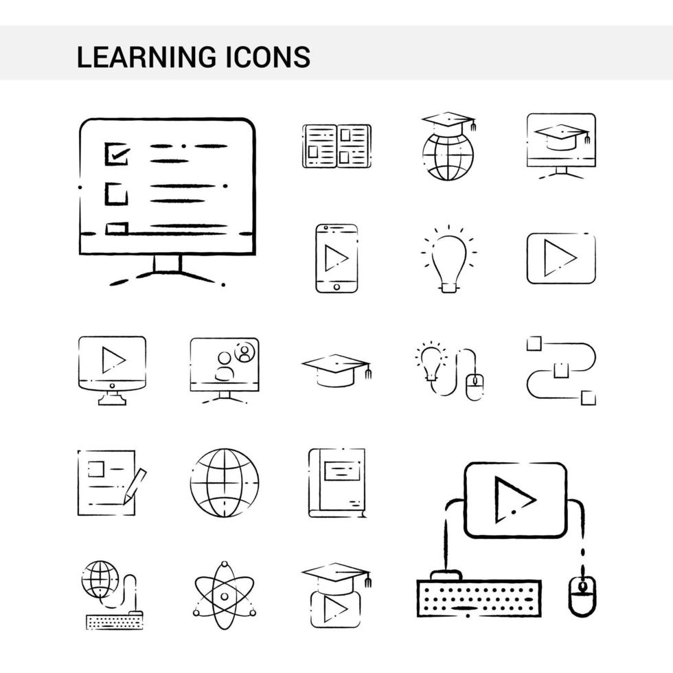 Learning icons hand drawn Icon set style isolated on white background Vector