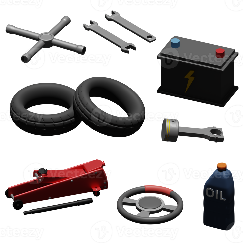 3d rendered car mechanic set includes tire, steering wheel, oil. battery, wrench, jack, piston perfect for design project png