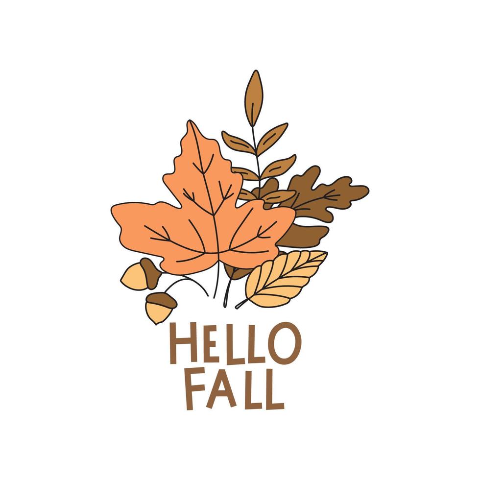 Hand lettering Hello Fall. Autumn composition of dry leaves. Vector illustration. Perfect for autumn theme on banner, social media story, postcard.