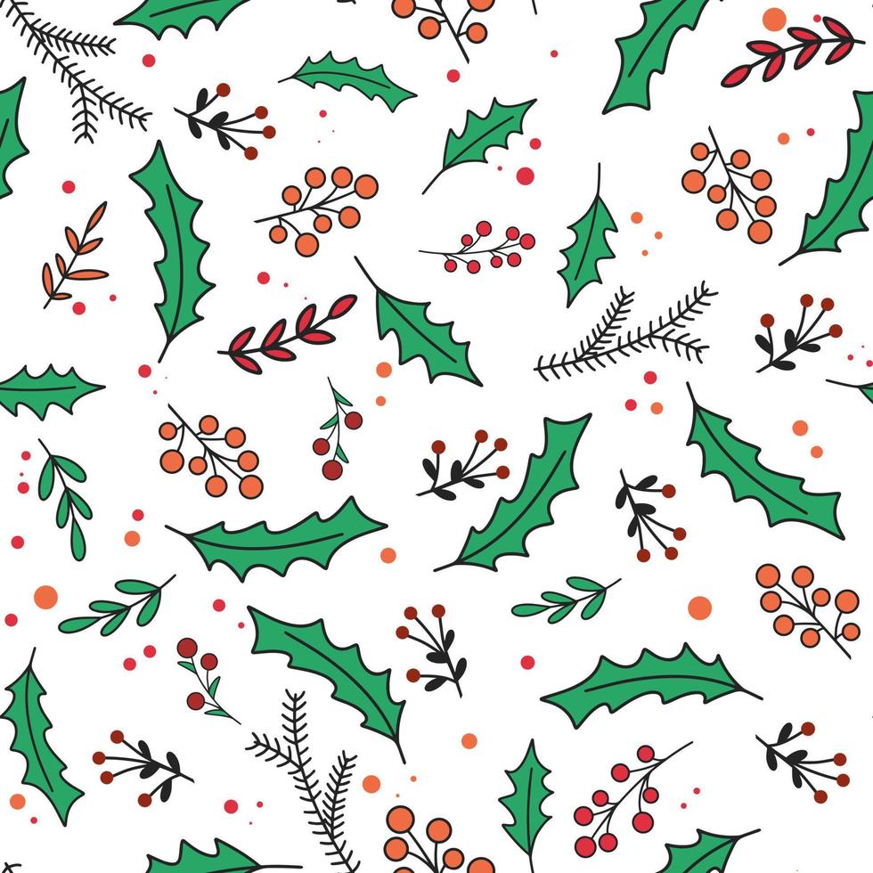 Seamless Christmas pattern with berries, fir branches, foliage and holly vector