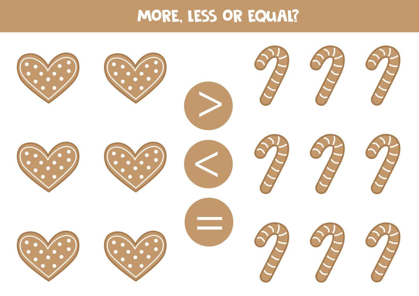 More, less or equal with cartoon gingerbread cookies. vector