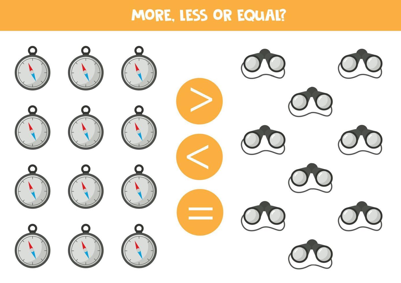 More, less or equal with cartoon binoculars and compass. vector