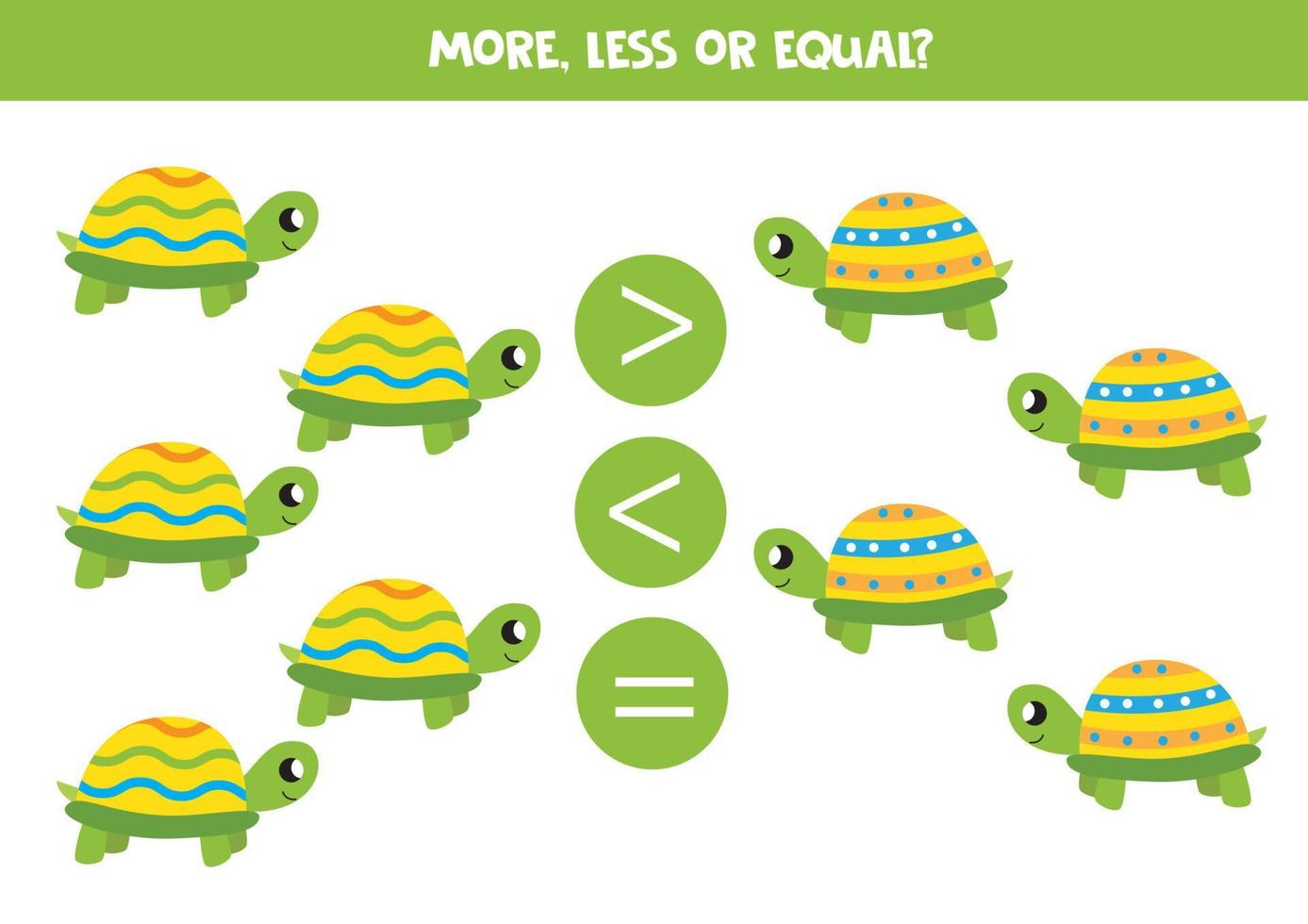 More, less or equal with cute colorful turtles. vector