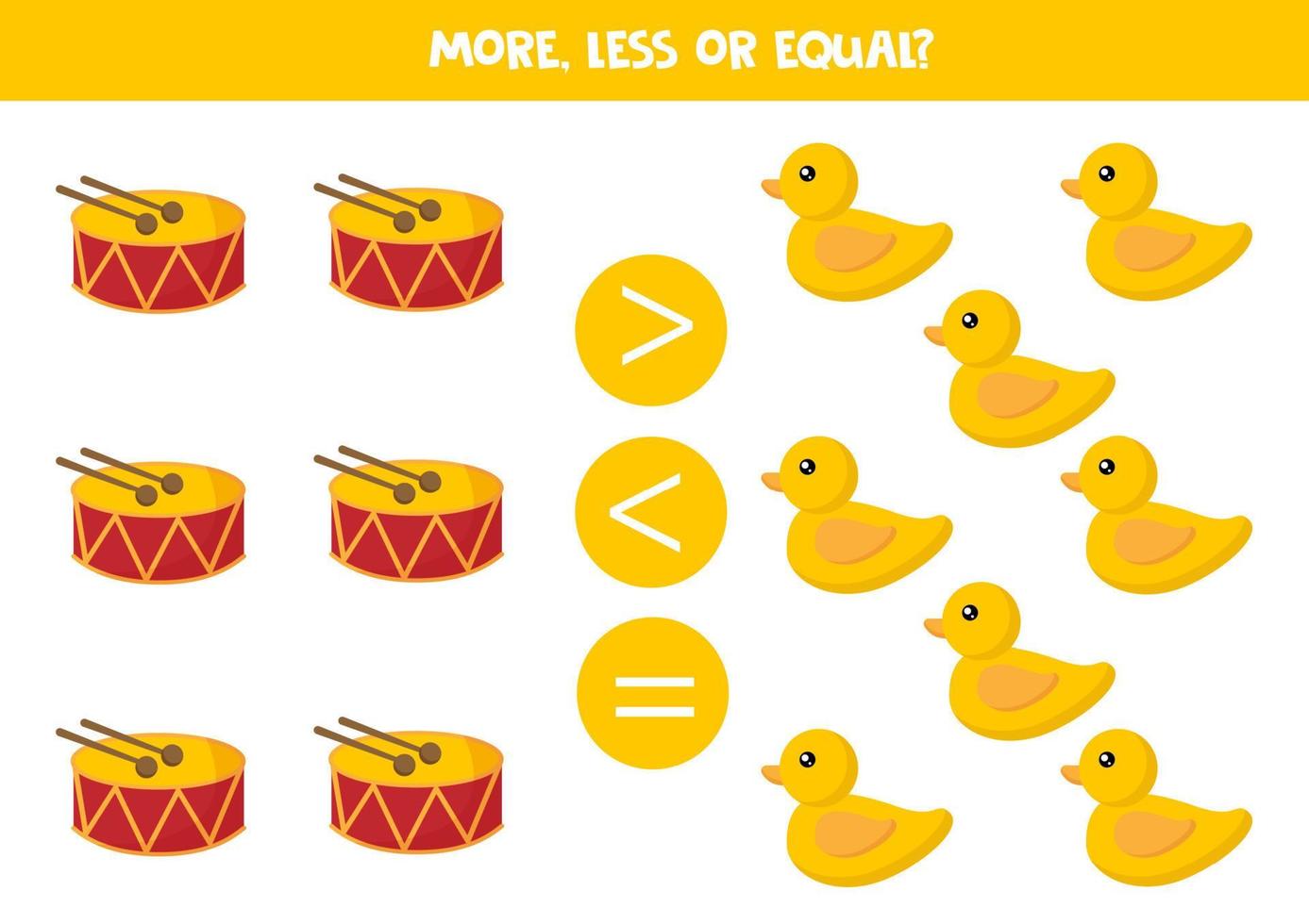More, less or equal with cute cartoon colorful toys. vector