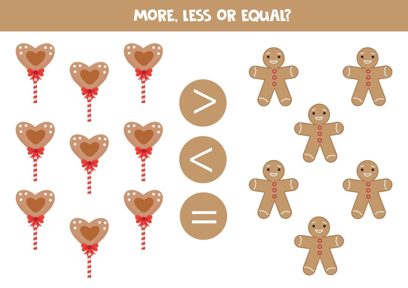 More, less or equal with cartoon gingerbread cookies and lollipops. vector