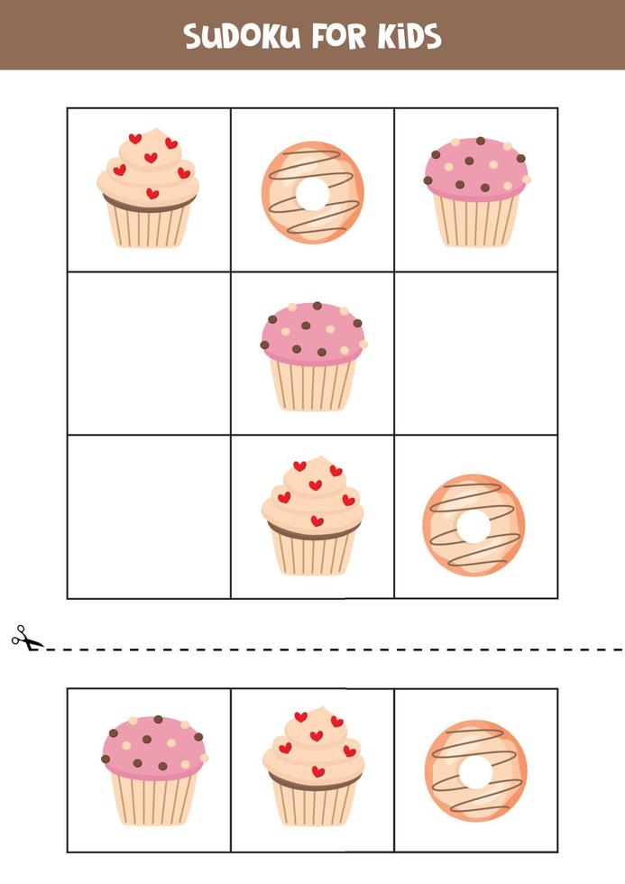 juego educativo de sudoku con lindos cupcakes y donuts. vector
