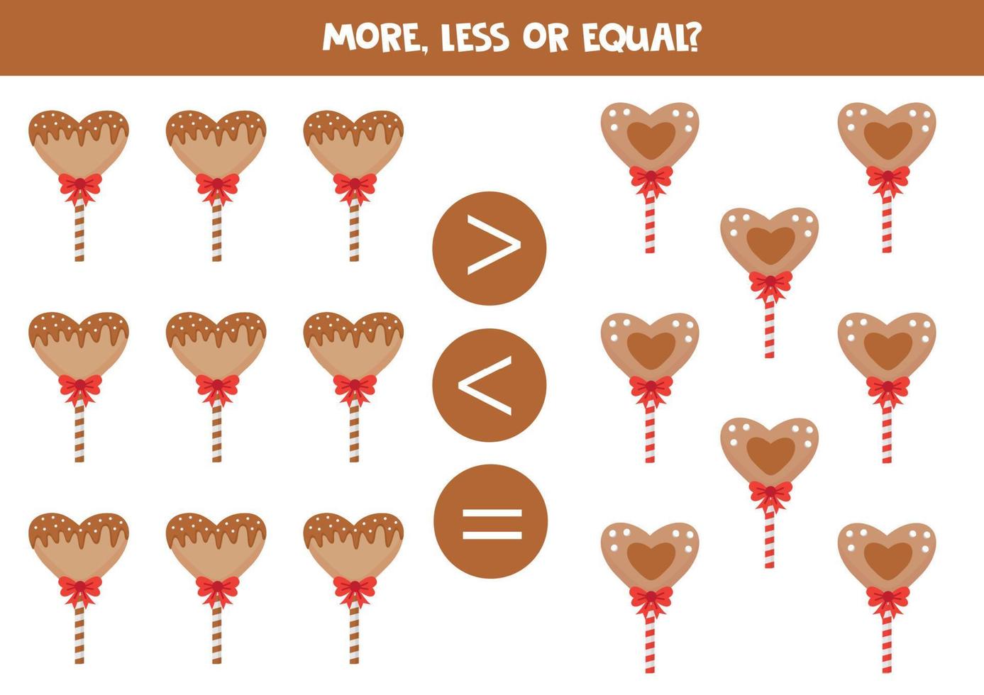 More, less or equal with cartoon cute lollipops. vector