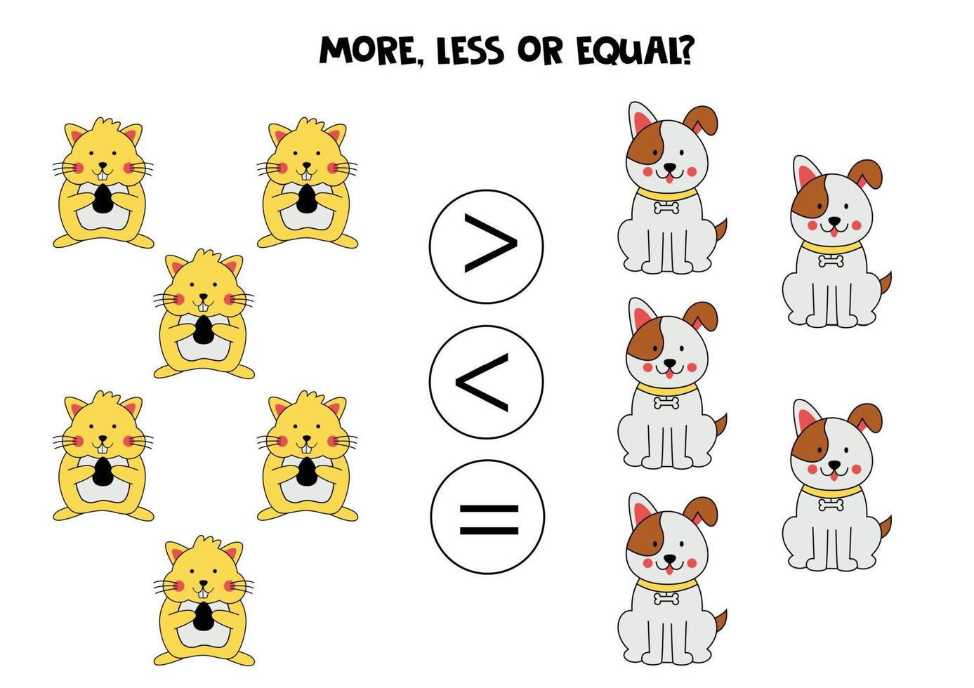 More, less or equal with cute dogs and hamsters. vector