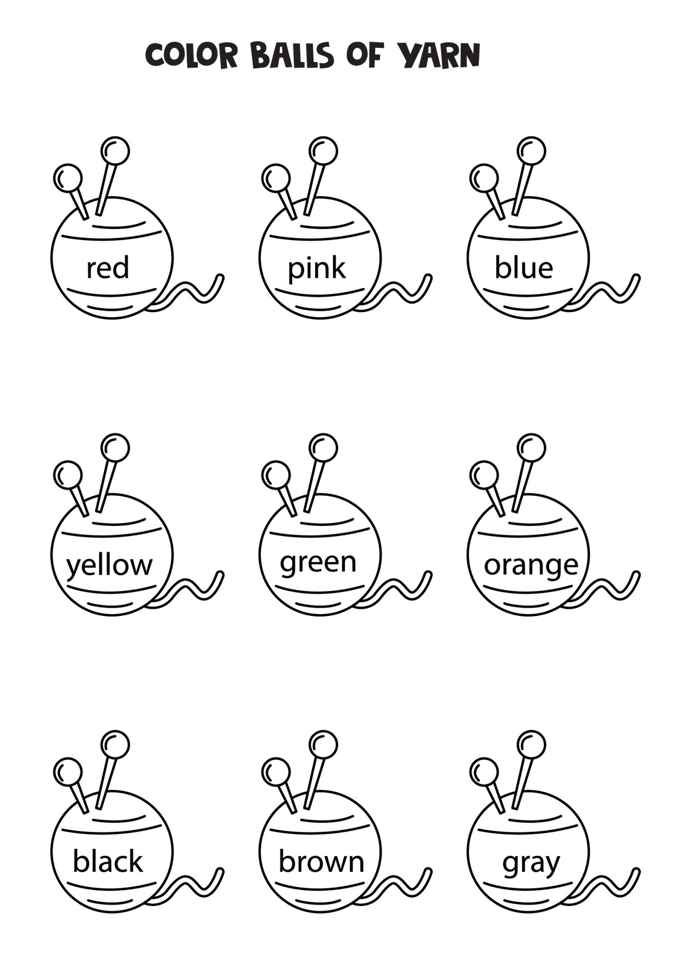Read names of colors and color ball of yarn. Educational worksheet