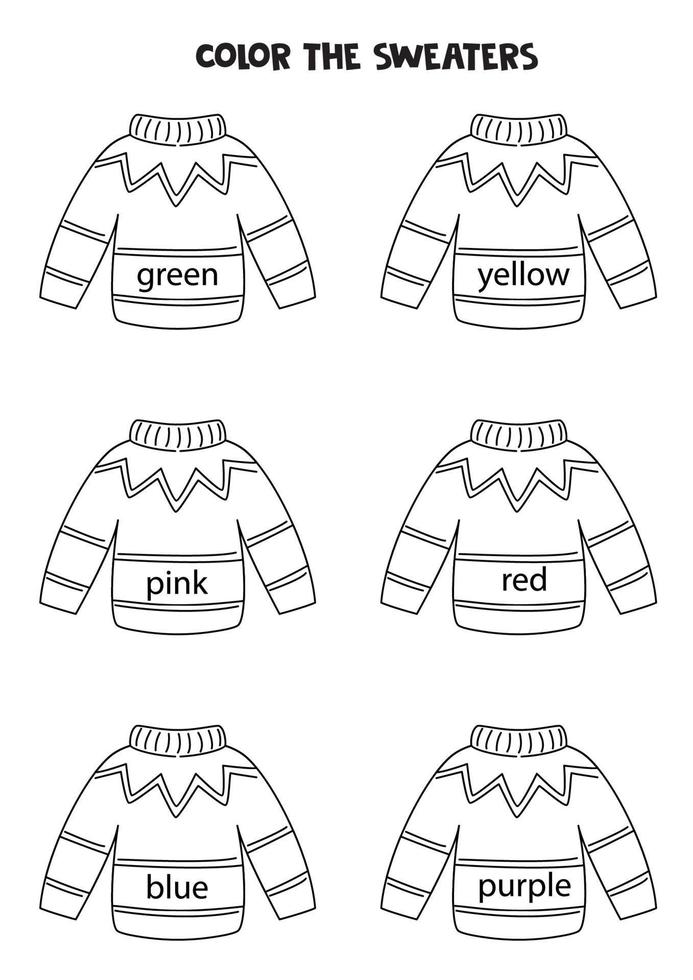 Read names of colors and color sweaters. Educational worksheet. vector