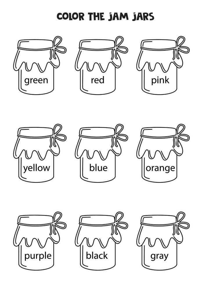 Read names of colors and color jam jars. Educational worksheet. vector