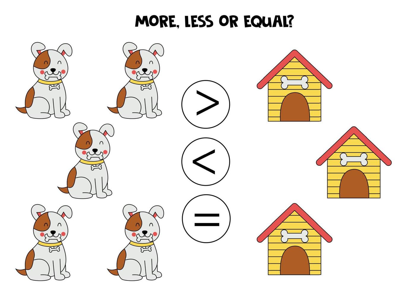 More, less or equal with cute dogs and doghouses. vector